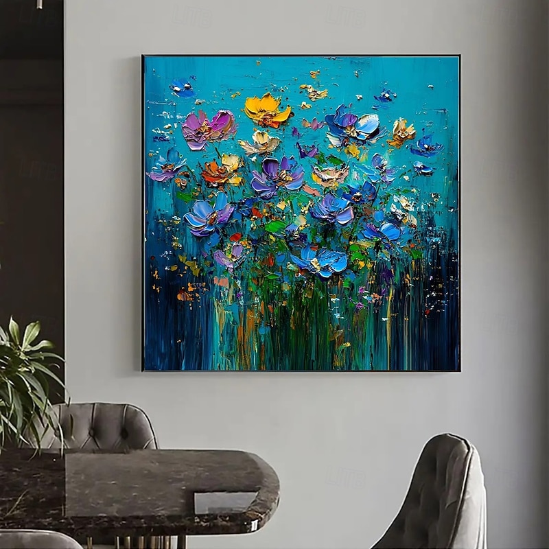 Handmade Oil Painting Wall Art Decoration Modern Abstract Blue Background Thick Oil Knife Flowers for Home Dining Room Decor Stretched Frame Hanging Painting/Rolled Canvas (No Frame)4