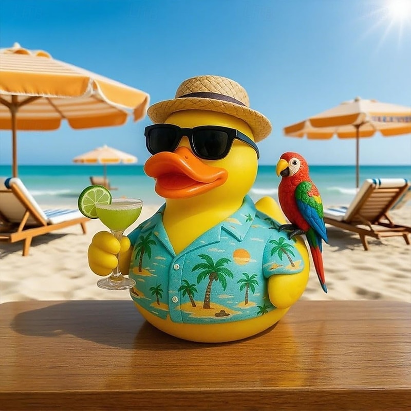 Hawaiian Tropical Parrot Duck Figurine, Funny Beach Party Duck Decor, Island-Themed Rainforest Bird Duck Statue, Summer Table Decoration Gift for Kids and Adults