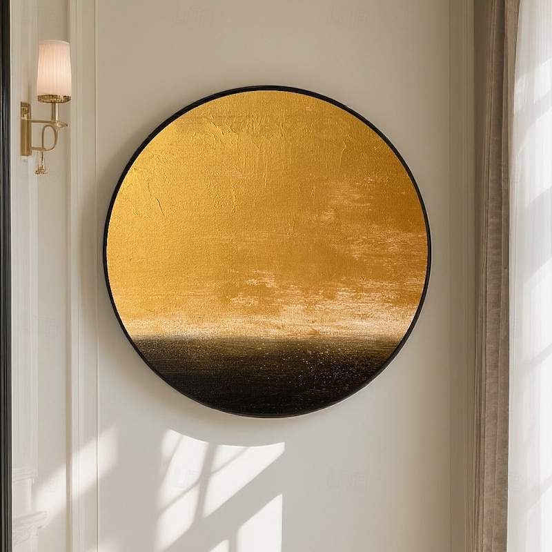 Handmade Circular Oceanic Canvas Deep Sapphire Gold Gradient Luminous Reflection Golden Horizon Contrast Abstract Sky and Sea Textured Paint Modern Calming Wall Art Minimalist Frame Gallery3