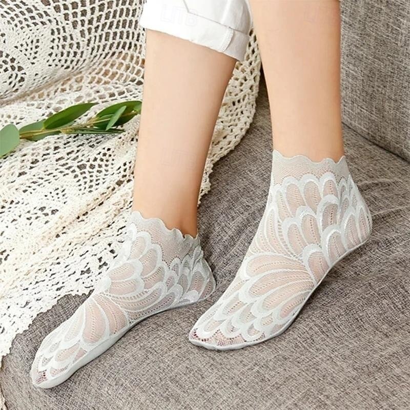 5 Pairs Amazing Crystal Peacock Socks Breathable Lace Ankle Socks for Women Sheer Mesh Feather Trim Non Slip Short Cute Low Cut Socks4