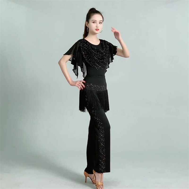 Women's Latin Dance Sequin Fringe Pants – Long Wide-Leg Trousers for Jitterbug, Sailor Dance & Ballroom Performance/Practice2