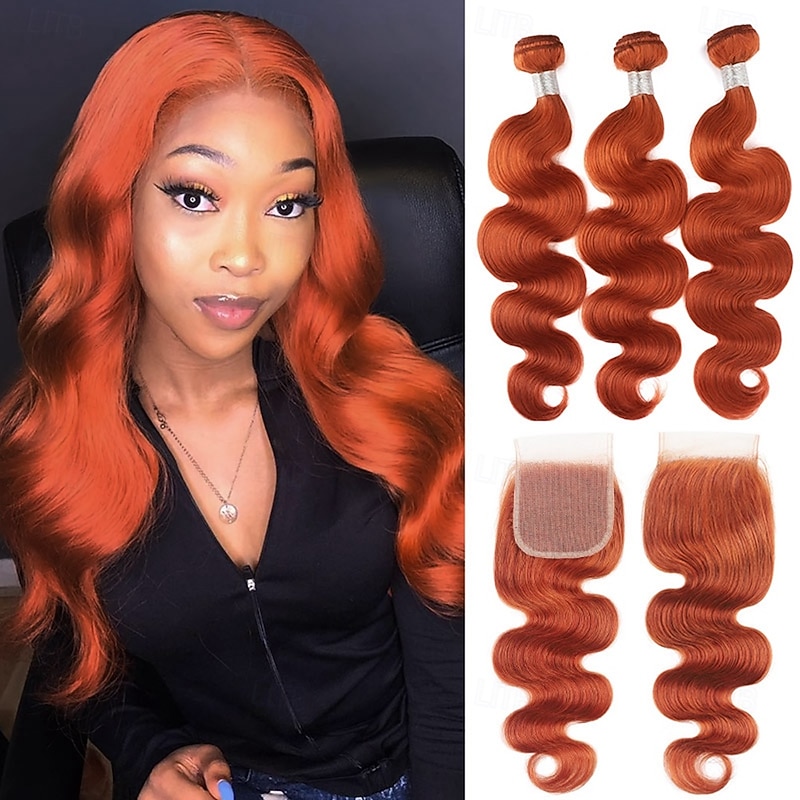 Ginger# Body Wave Human Hair Extensions 3 Bundles with Closure For Black Women