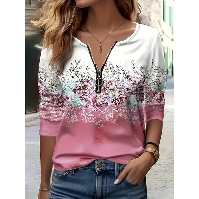 Easter Women's T shirt Long Sleeve Quarter Zip Long Sleeve Casual Floral Graphic Elegant Vintage Stylish V Neck Regular Tops Daily Yellow Pink Blue Orange Green  Spring Fall Prefall3