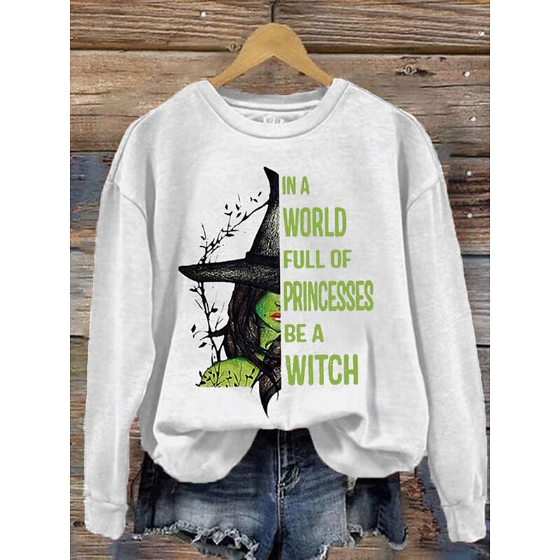 Halloween Women's Sweatshirts Witch Graphic Casual Long Sleeve Crew Neck Regular Tops Street Dailywear Casual Print Black White Green Spring Fall Winter2