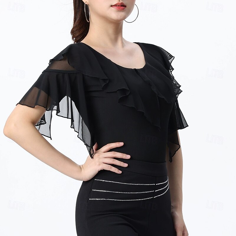 Latin Dance Top Ruffles Pure Color Splicing Women's Performance Training Short Sleeve High Polyester4