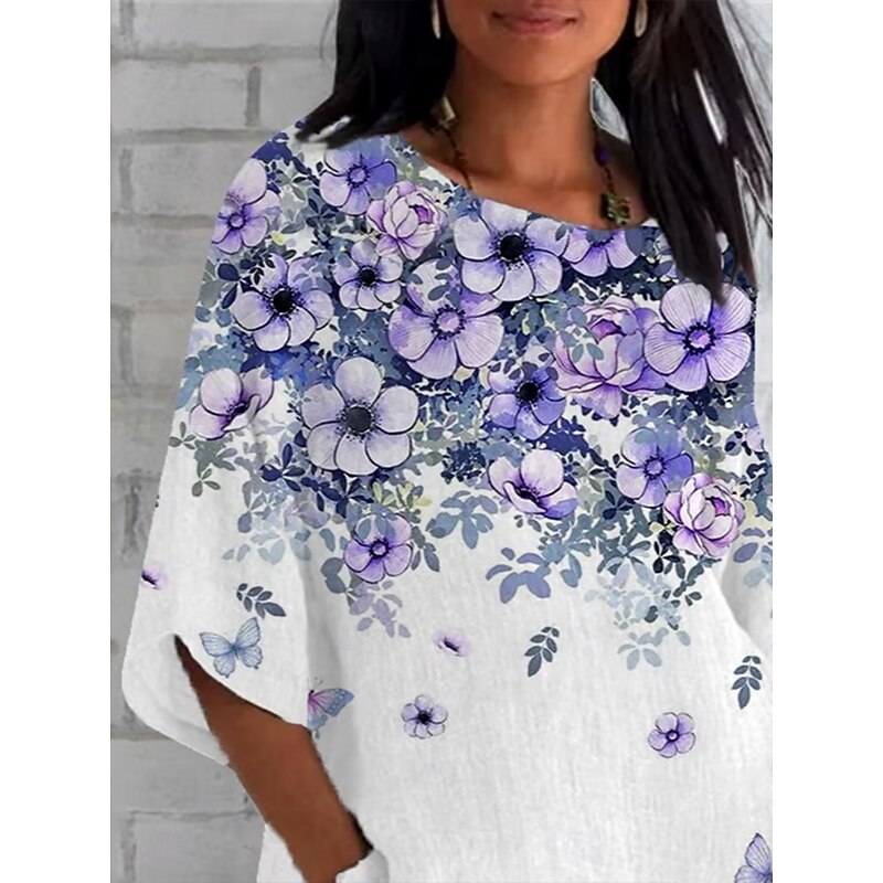 Easter Women's T Shirt Ombre Floral Graphic Vintage Classic Casual 3/4 Length Sleeve Crew Neck Regular Tops Daily Weekend Beach Wear Print Purple Summer Spring Fall2