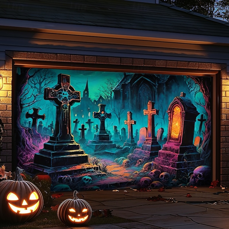Halloween Outdoor Garage Door Cover Cemetery Skeletons Banner Large Tapestry Backdrop Decoration for Holiday Outdoor Garage Door Home Wall Decorations4