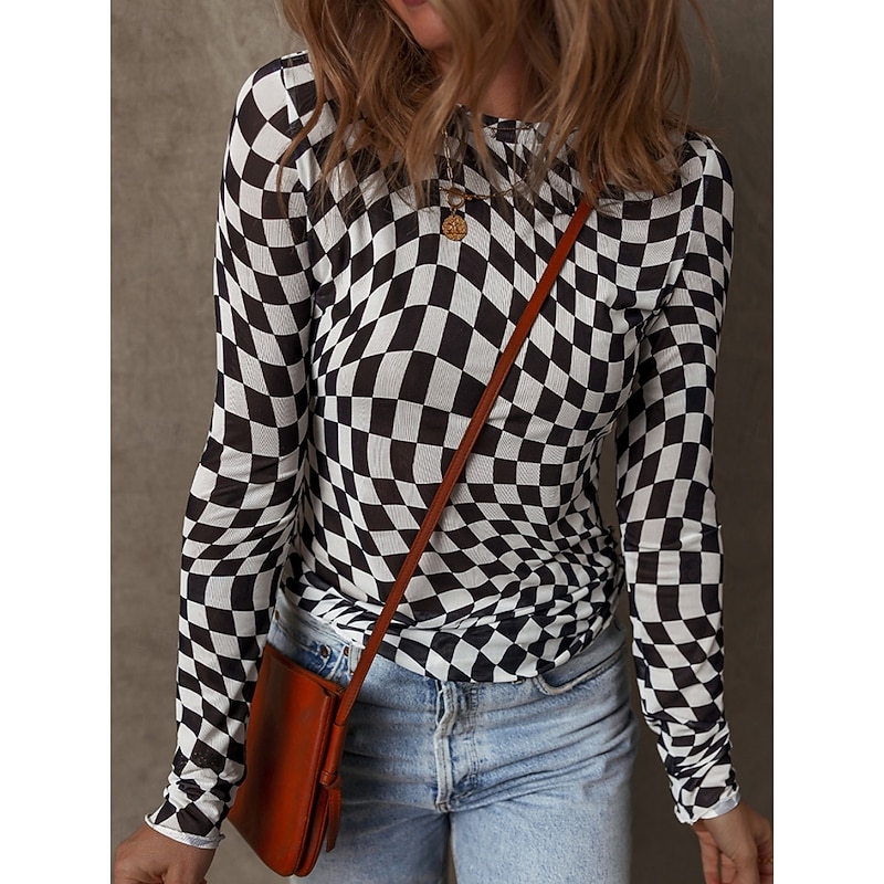 Women's Blouse Plaid Stylish Casual Long Sleeve Crew Neck Regular Tops Daily Print Black Pink Apricot Summer Spring Fall