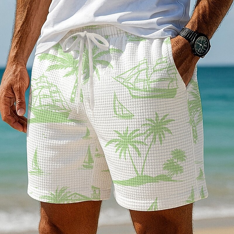 Men's Coconut Tree Sailboat Tropical Plants Waffle Shorts Sweat Shorts Casual Shorts Mid Waist Hawaiian Vacation Jogging Workout Elastic Drawstring Waist Shorts with Pockets Designer Clothing Apparel2