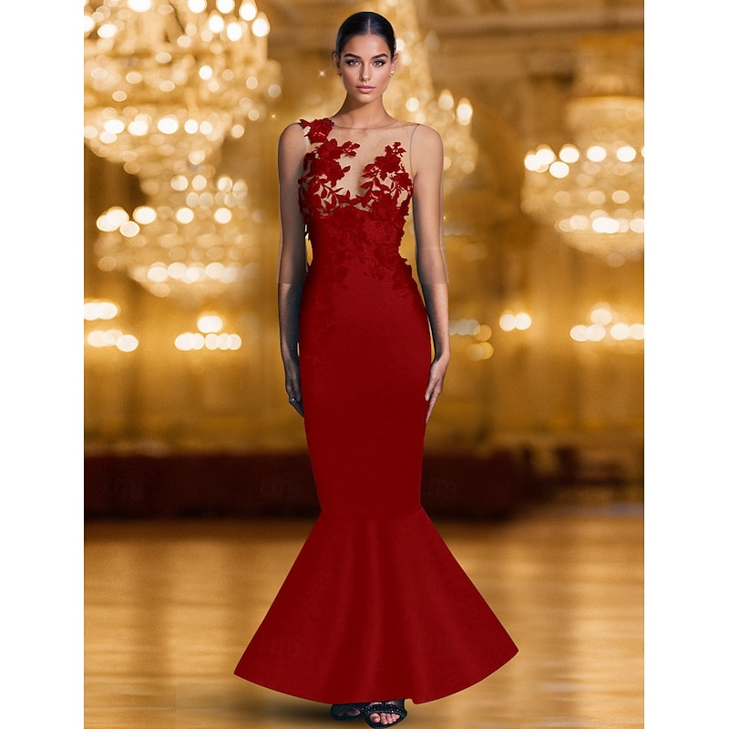 Black Tie Mermaid / Trumpet Evening Gown Elegant Dress Formal Wedding Floor Length Long Sleeve Illusion Neck Stretch Crepe with Appliques3