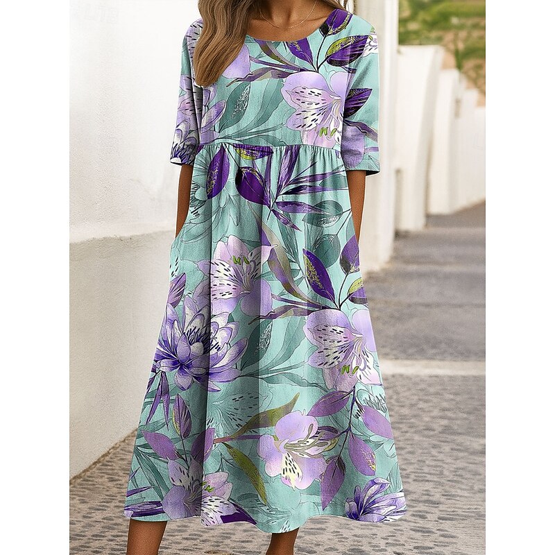Women's Midi Dress Casual Dress A Line Dress Summer Dress Vacation Casual Holiday Loose Fit Floral Graphic Half Sleeve Crew Neck Yellow Pink Blue Green Summer Spring4