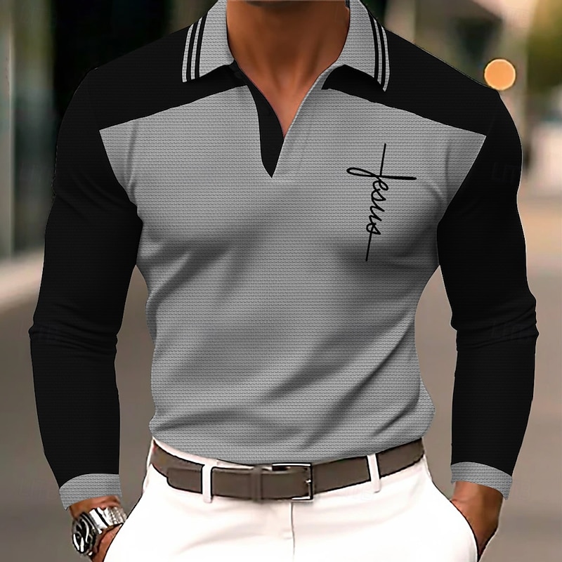 Men's Faith Polo Shirts Golf Shirt Long Sleeve Polo Shirts Collared Shirts WorkWear Formal Wear Festival Wear 3D Print Buttons Fall & Winter Blue Purple Orange4