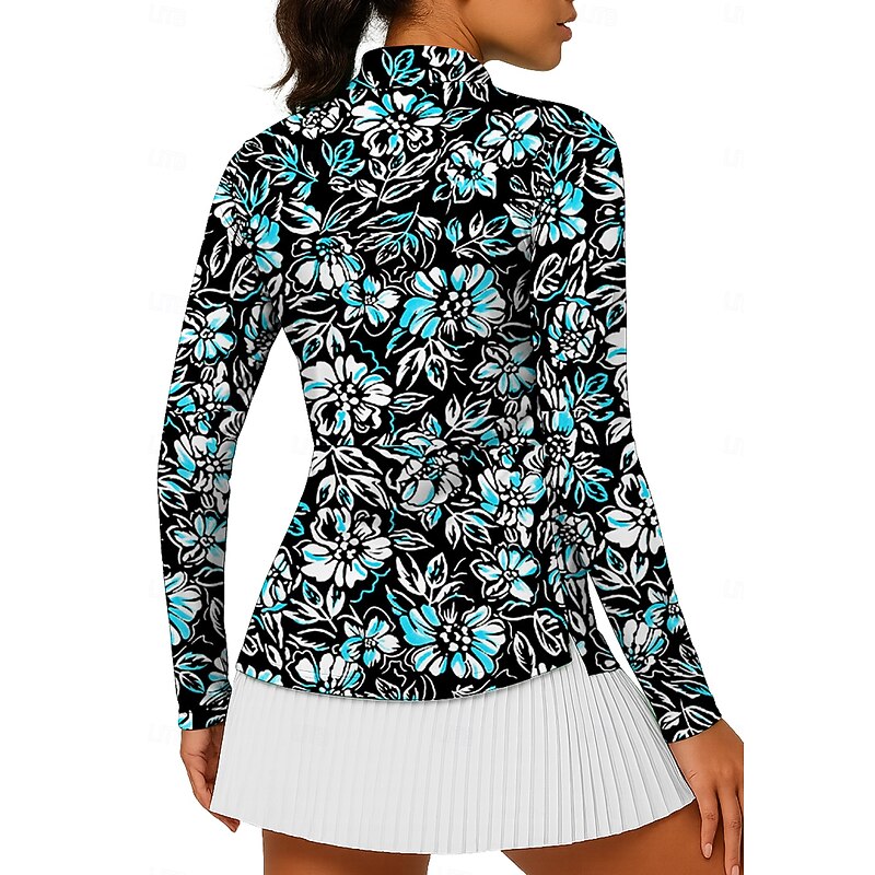 Women's Plants Floral Tops Golf Polo Shirt Tennis Shirt Long Sleeve Print Quarter Zip Pullover UPF50+ UV Protection Elastic Breathable Tennis Golf Pickleball Stand Collar Zip Collar Jacket Shirt Blue2