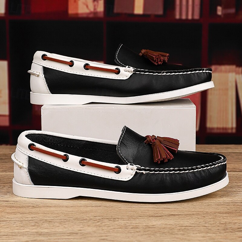 Black and White Tassel Loafers for Men – Trendy Slip-On Design, Faux Leather Casual Shoes for Work and Weekend Outings3