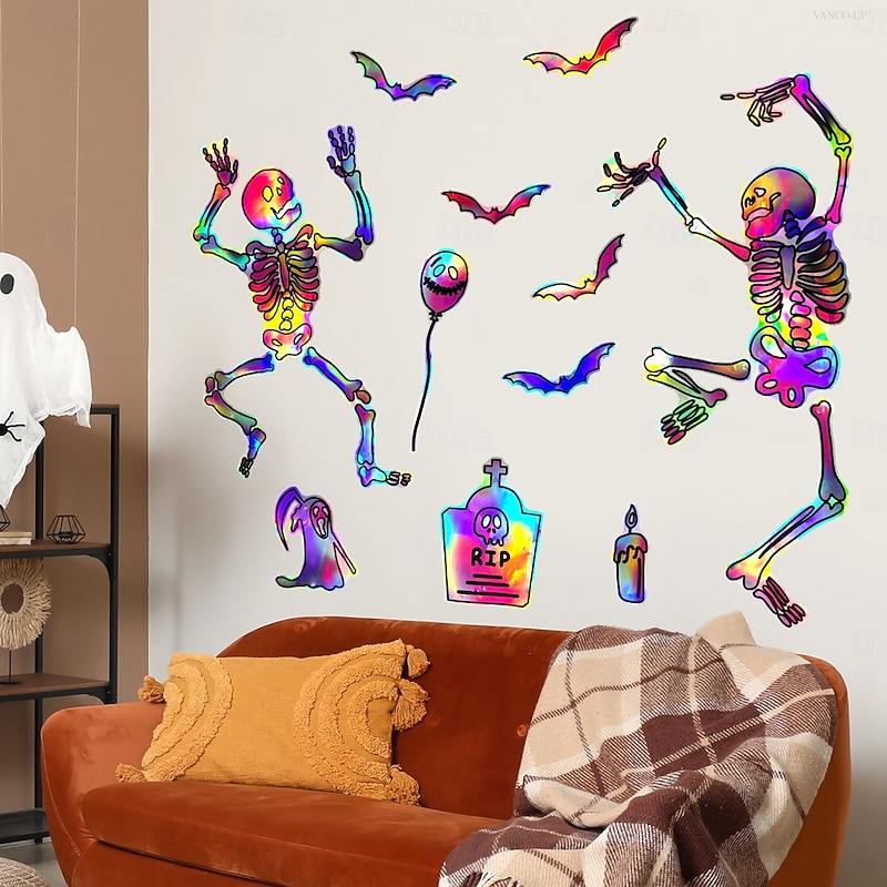 Halloween Holographic Skull Wall Stickers, Iridescent Gradient Decals for Festival Home Room Decor, Removable Halloween Party Wall Decorations