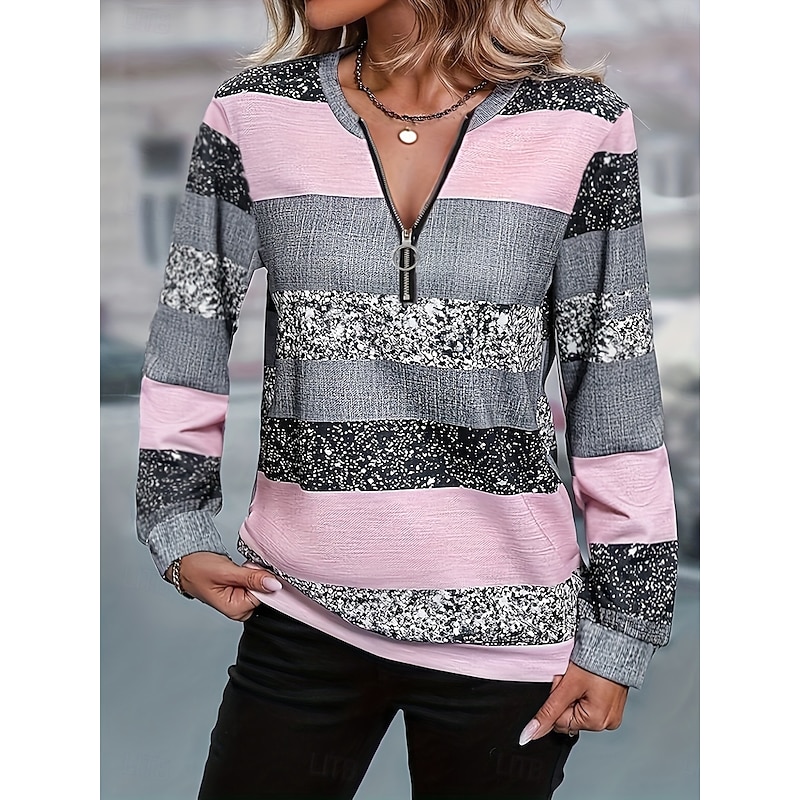 Women's Quarter Zipper Sweater Pullover Graphic Striped Fashion Casual Long Sleeve Crew Neck Regular Tops Street Dailywear Print Pink Fall Winter
