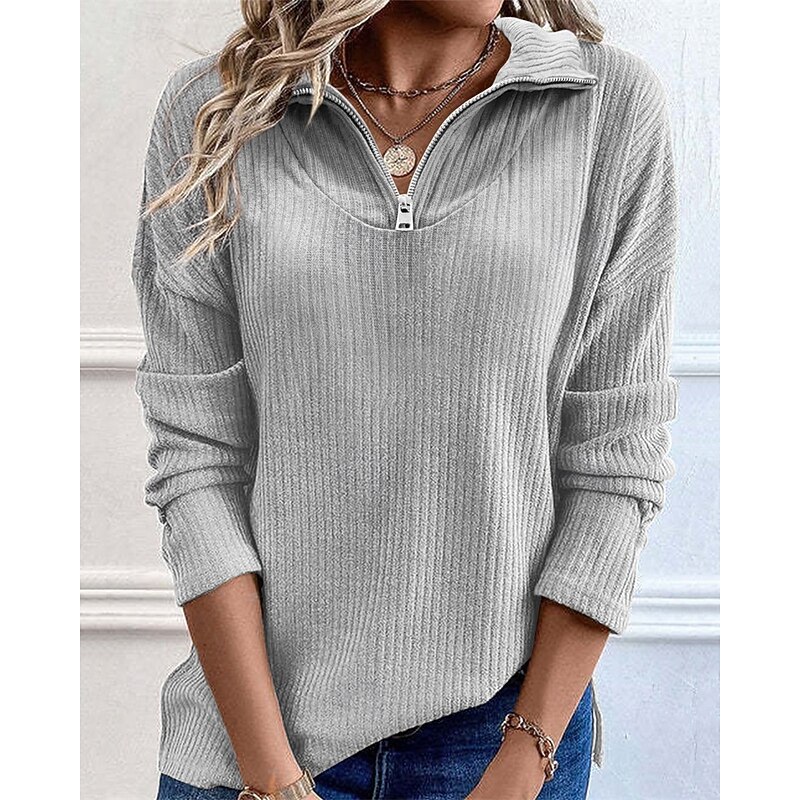 Women's Sweater Pullover Daily Stylish Casual Solid Color Ribbed Half Zip Zipper Knitted Long Sleeve Regular Tops Knit Daily Holiday Going out Black Blue Fall Winter