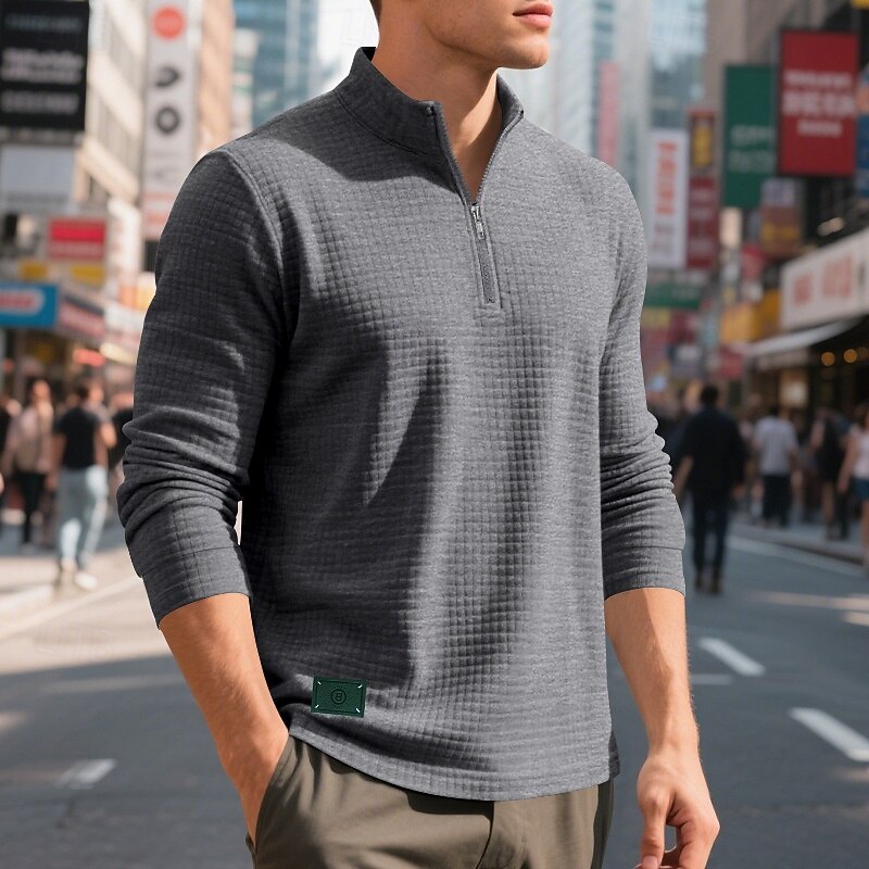 Men's Sweatshirt Quarter Zip Sweatshirt Black White Wine Army Green Khaki Half Zip Plain Jacquard Ribbed Quarter Zip Textured Sports & Outdoor Daily Holiday Polyester Streetwear Basic Casual Spring3