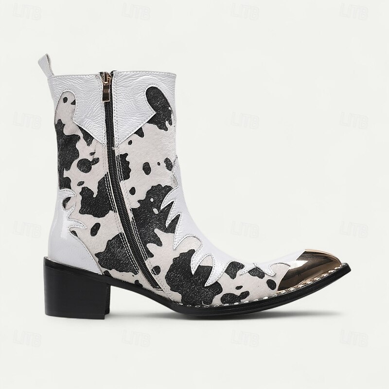 Men's Cow Print Genuine Cowhide Western Boots with Metal Toe Cap Statement Rodeo Style Cowboy Boots for Stage Parties and Fashion Events4