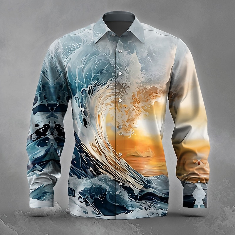 Men's Optical Illusion Ocean Sunset Shirt Button Up Shirt Long Sleeve Fashion Casual Holiday Streetwear Summer Spring Turndown 3D Print Collared Shirts Blue 1# Blue4