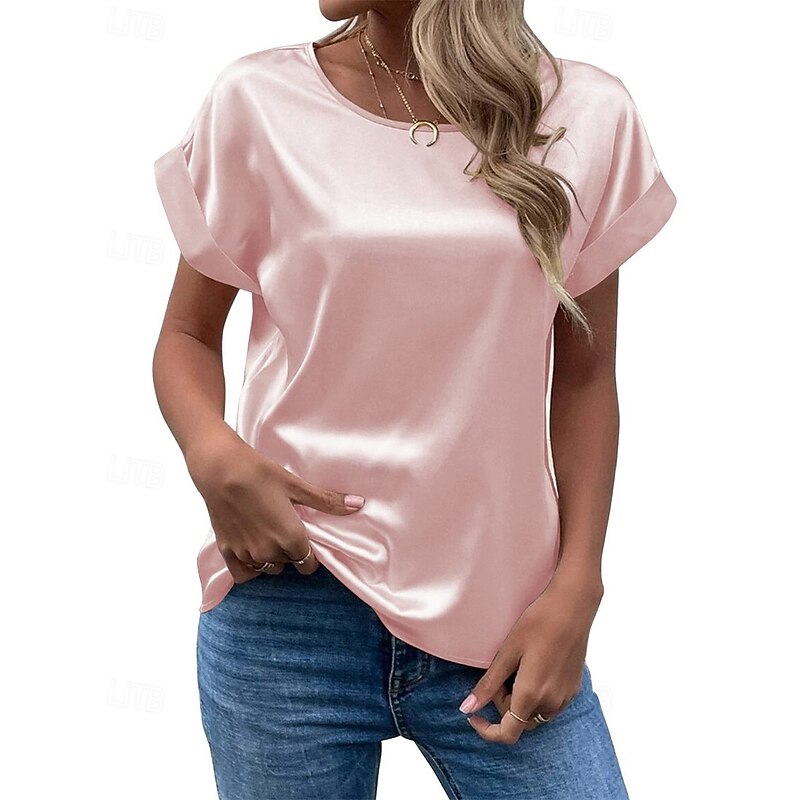 Women's T Shirt Tee Satin Top Plain Fashion Modern Short Sleeve Crew Neck Regular Tops Daily Going out Weekend Black White Pink Blue Purple Summer