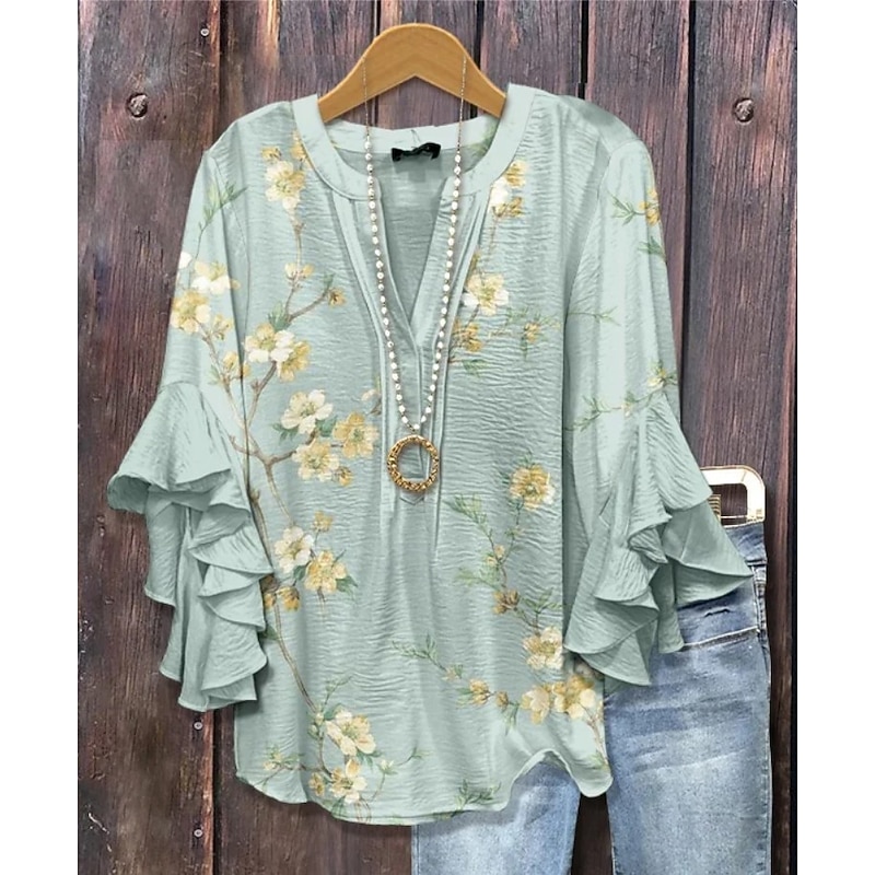 Easter Women's Blouse V Neck Floral Graphic Elegant Bohemia Ethnic 3/4 Length Sleeve Regular Tops Daily Holiday Vacation Wear Ruffle Print White Light Green Blue Purple Green Summer Spring Fall4