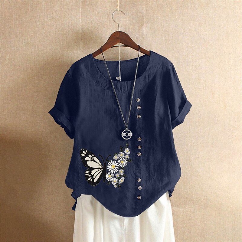 Women's Cotton Linen Shirts Animal Butterfly Elegant Vintage Tropical Short Sleeve Crew Neck Regular Tops Daily Holiday Vacation Wear Buttons White Army Green Navy Blue Blue Brown Summer Spring3