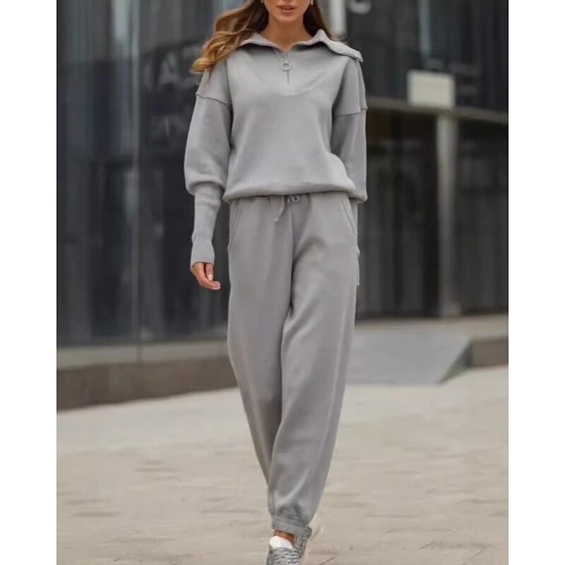 Women's Active Fashion Blouse Pants Sets Long Sleeve Shirt Collar Solid Color Zipper Drawstring Outdoor Vacation Black White Brown Fall Regular Fit