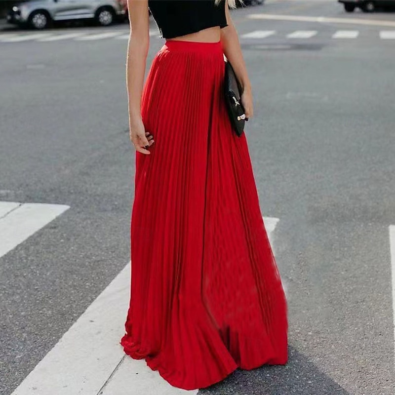 Women's Skirt Fashion Maxi High Waist Skirts Plain Pleated Micro-elastic Casual Daily Black Pink Red Green Summer Polyester3