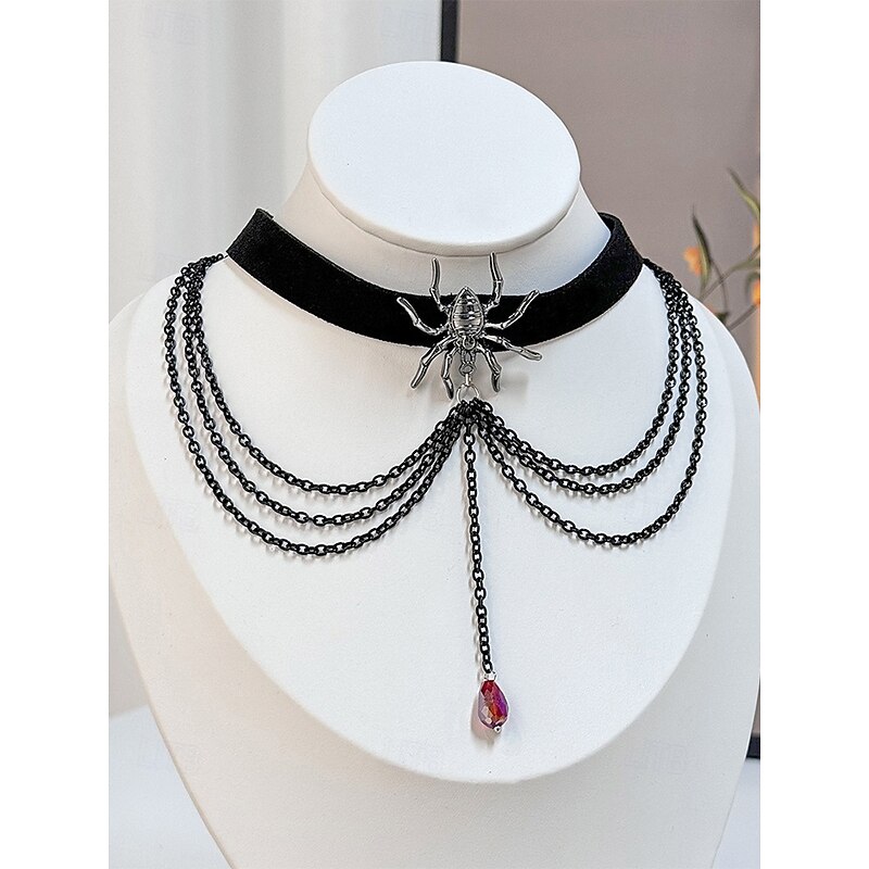 Women's Gothic Spider Choker Necklace – Black Velvet with Alloy Spider Pendant, Red Gem Chain Layers, Adjustable Fit, Ideal for Halloween Cosplay, Parties and Gothic Fashion2