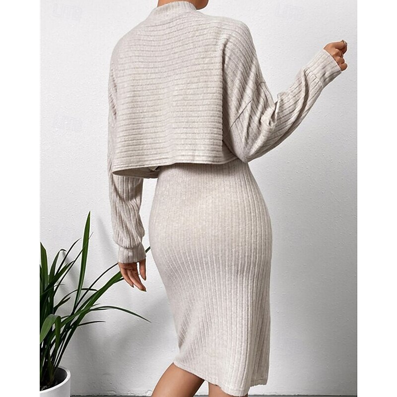 Women's Dress Set Slip Dress Casual Semi Formal Plain Design Mini Dress Long Sleeve Crew Neck Outdoor Date Black Sky Blue Apricot Spring Fall Regular Fit3