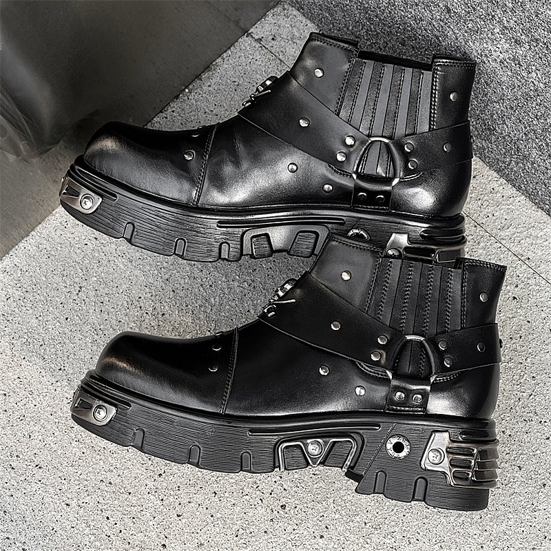 Men's Black Studded Moto Boots – Gothic Platform Ankle Boots with Buckle Straps for Rock Concerts & Halloween2