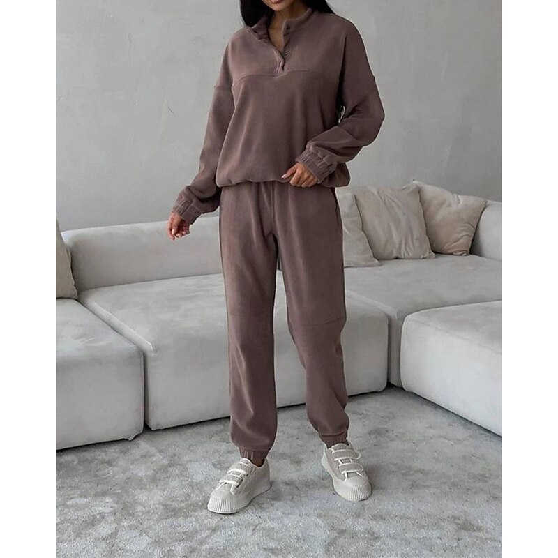 Women's Fashion Streetwear Tracksuit Pants Sets Long Sleeve Stand Collar Plain Daily Wear Date Black Burgundy Gray Spring &  Fall Regular Fit