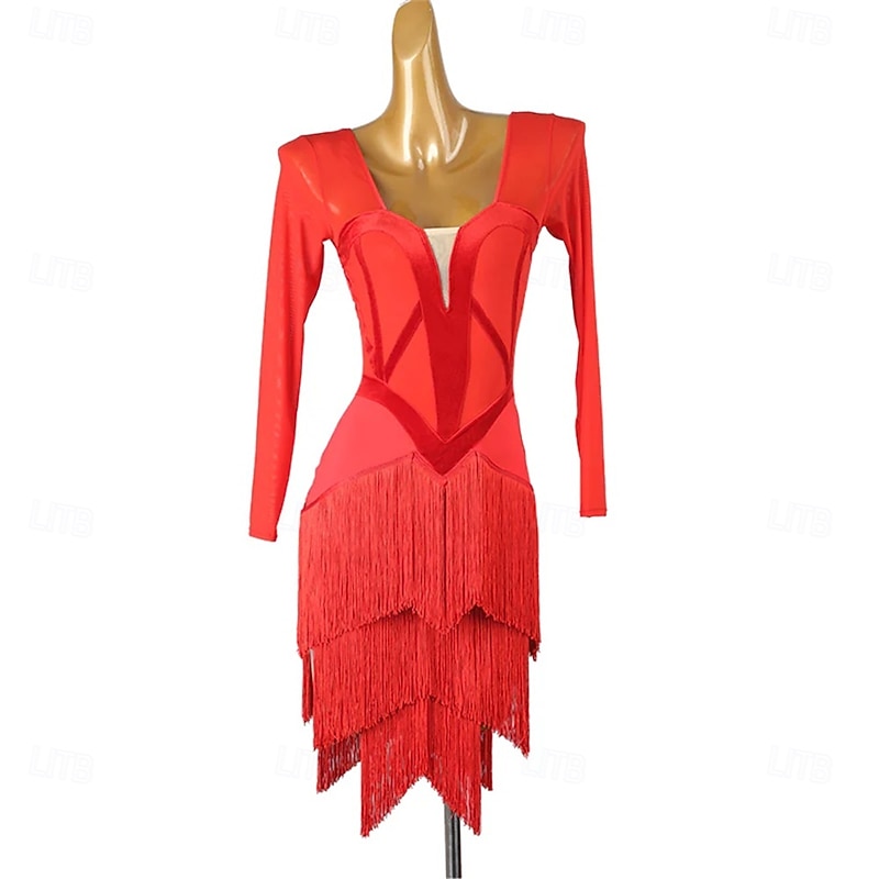 Latin Dance Dress Splicing Women's Performance Training Party Long Sleeve High Nylon
