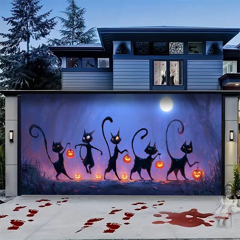 Halloween Garage Door Cover Black Cat Silhouettes Banner, Large Tapestry Backdrop Decoration for Holiday Outdoor Garage Door and Home Wall, 2025 Halloween Decorations2