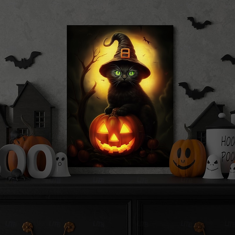 Halloween Black Cat Witch with Pumpkin LED Canvas Wall Art - Battery Operated Lighted Wall Decor for 2025 Halloween home decoration light livingroom and bedroom4