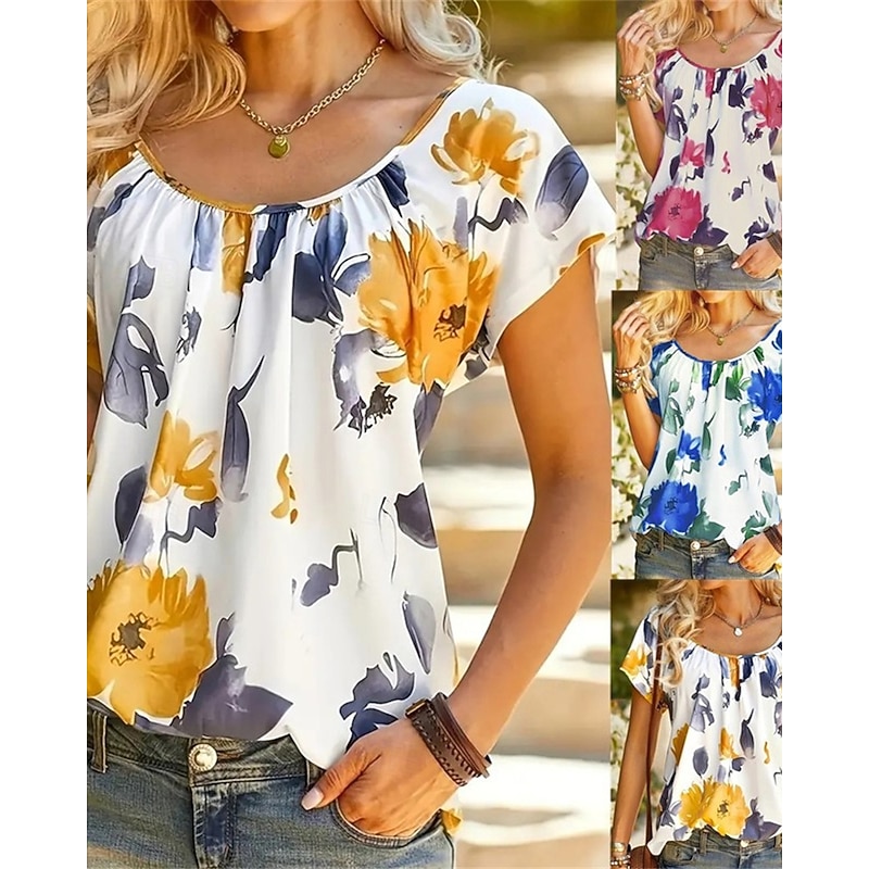 Women's T Shirt Tee Top Floral Fashion Modern Short Sleeve Crew Neck Regular Tops Daily Going out Weekend Print Yellow Red Blue Summer
