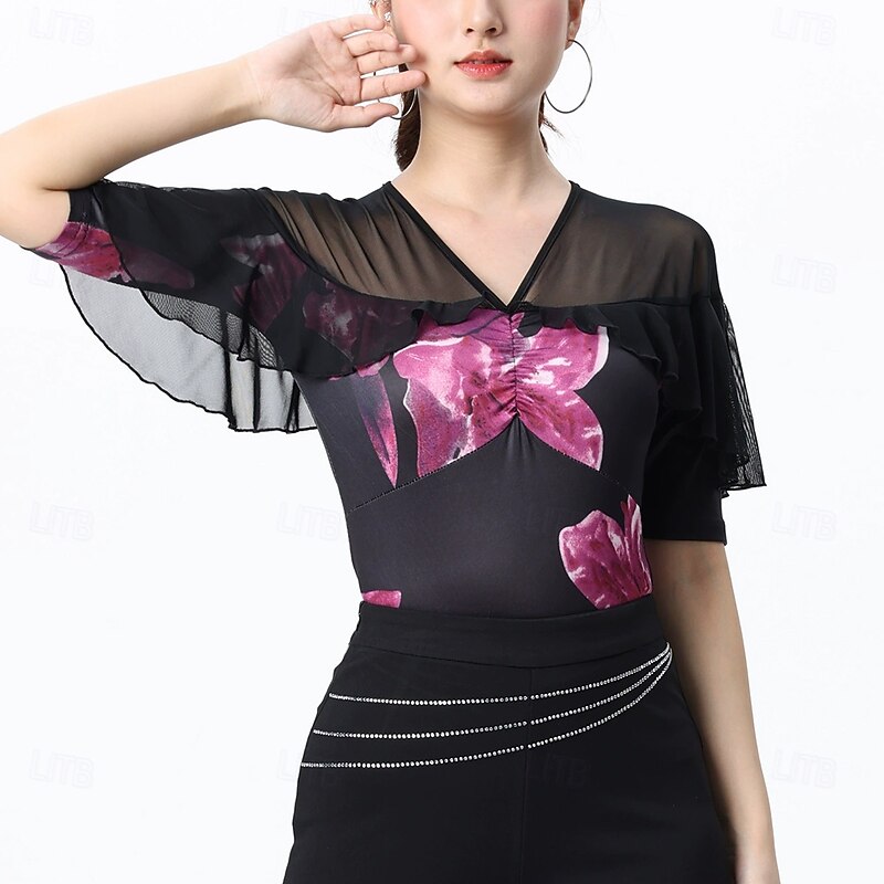 Latin Dance Top Printing Splicing Tulle Women's Performance Training Half Sleeve High Polyester4
