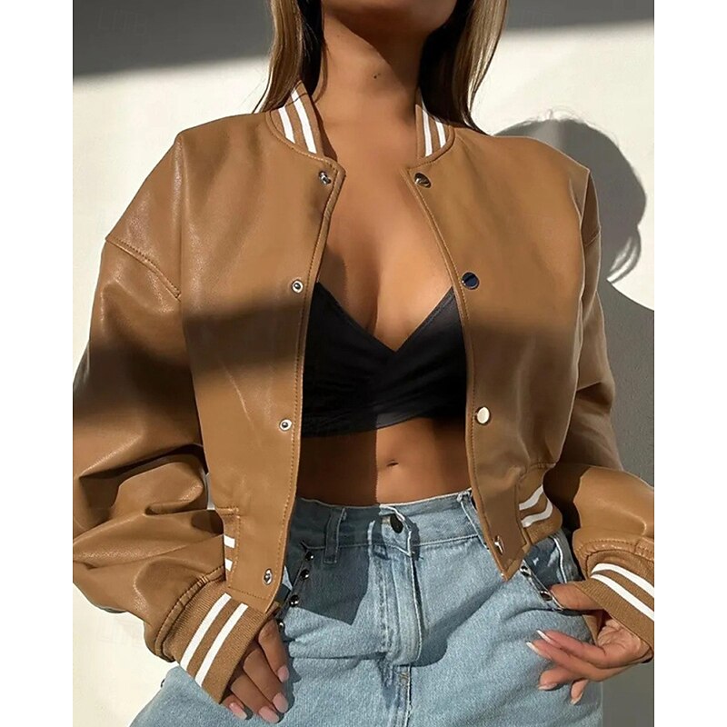 Women's Faux Leather Jacket Casual Jacket Comfortable Buttons Fashion Modern Outdoor Plain Going out Casual Daily Weekend Single Breasted Short Stand Collar Regular Fit Long Sleeve Outerwear Black2