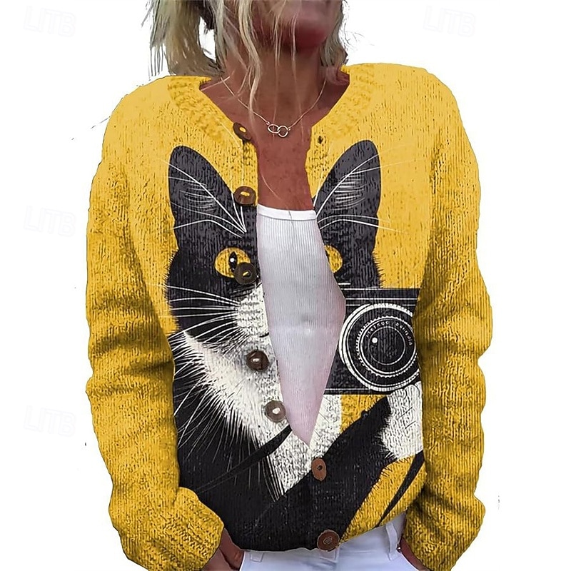 Women's Sweater Cardigan Fashion Streetwear Daily Animal Ribbed Open Front Knitted Print Long Sleeve Long Tops Knit Holiday Going out Weekend Yellow Khaki Fall Winter3
