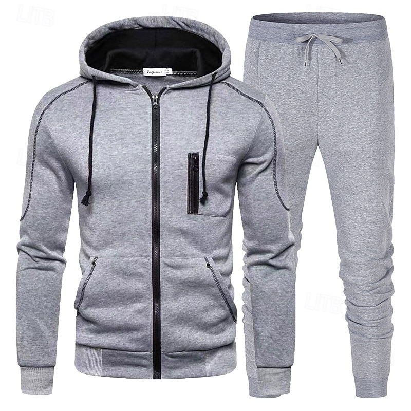 Men's Hoodie Tracksuit Full Zip Hoodie Sweatsuit Black Red Navy Blue Royal Blue Light Grey Hooded Color Block 2 Piece Sports & Outdoor Daily Holiday Polyester Streetwear Basic Casual Spring Fall
