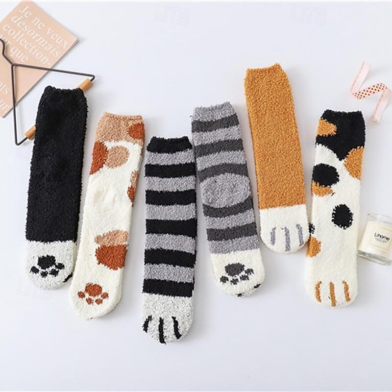 3 Pairs Cute Cat Claw Socks Fuzzy Coral Fleece Winter Warm Sleep Socks for Women Cozy Mid Calf Thick Soft Indoor Floor Socks3