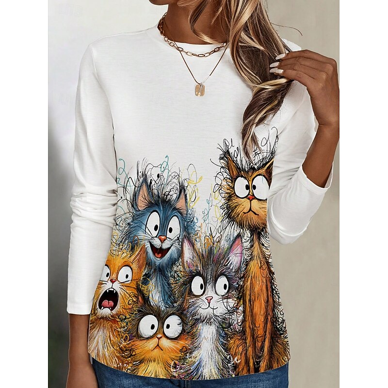 Women's T shirt Crew Neck Long Sleeve Tunic Graphic Animal Cat Casual  Regular Tops Daily Weekend Print White Fall