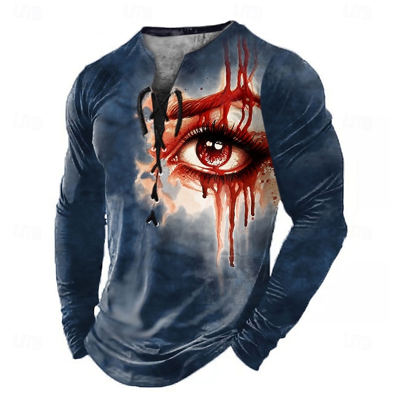 Sarah Richter Halloween Men's 3D Henley Shirt T shirt Tee Long Sleeve T shirt 3D Print Lace Up Neck Henley Shirt Fashion Casual Vintage Retro Tee3
