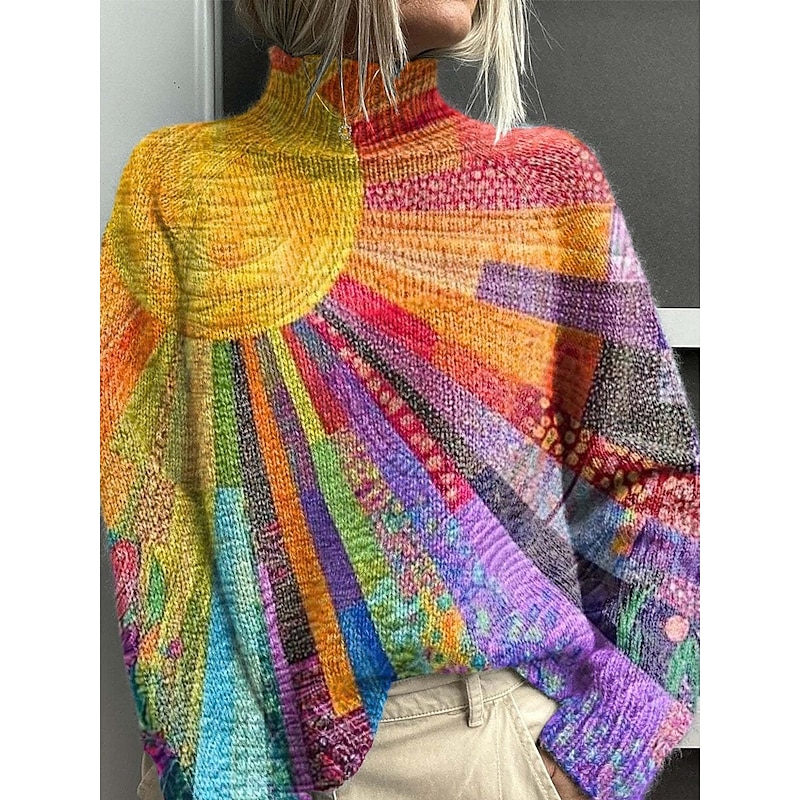 Women's Sweater Casual Soft Floral Ribbed Turtleneck Knitted Print Long Sleeve Regular Tops Knit Outdoor Daily Weekend Red Brown Yellow Fall Winter