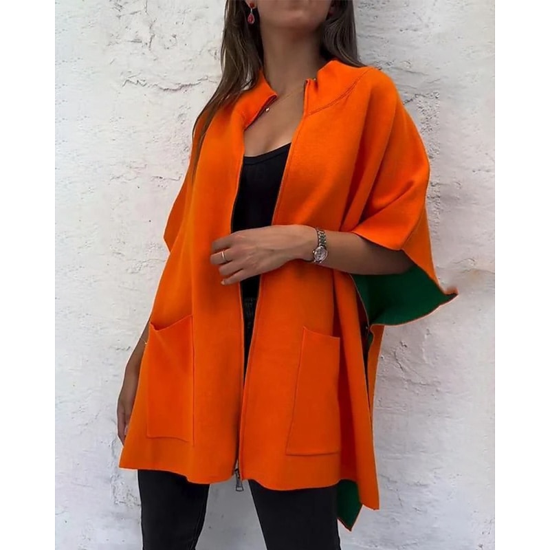 Women's Casual Jacket Comfortable Pocket Casual Plain Going out Casual Daily Zipper Regular Stand Collar Regular Fit Half Sleeve Outerwear Orange Green Rose Red Fall Winter2