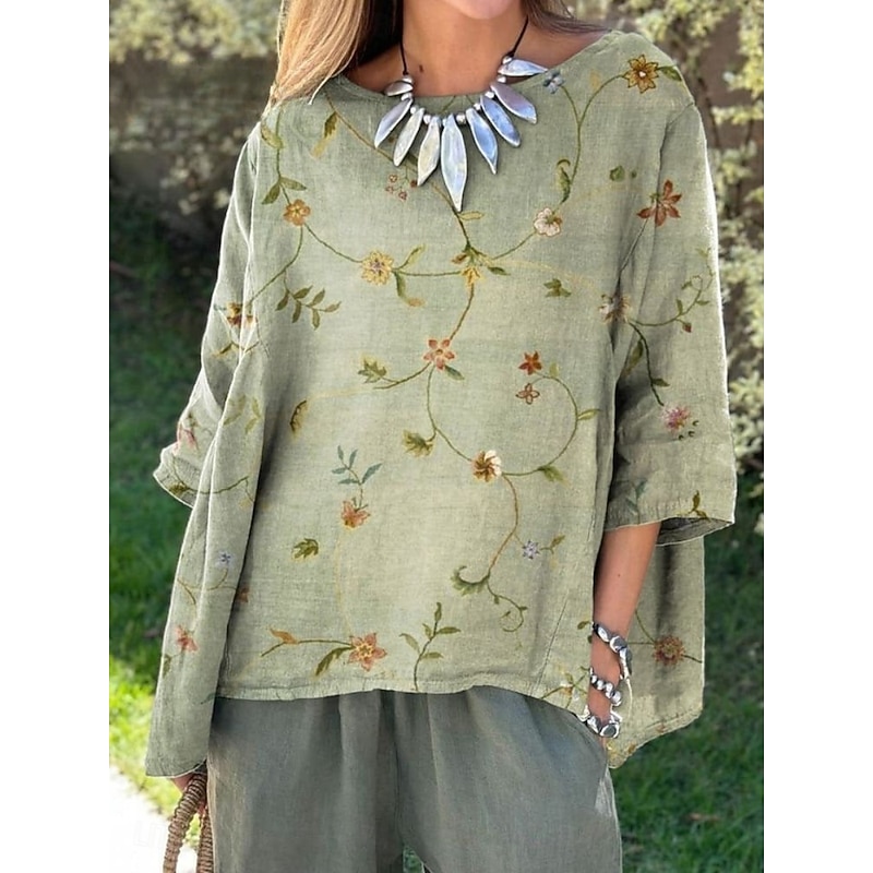 Women's Shirt Floral Daily Casual 3/4 Length Sleeve Crew Neck Regular Tops Daily Holiday Print Grass Green White Green Summer Spring Fall