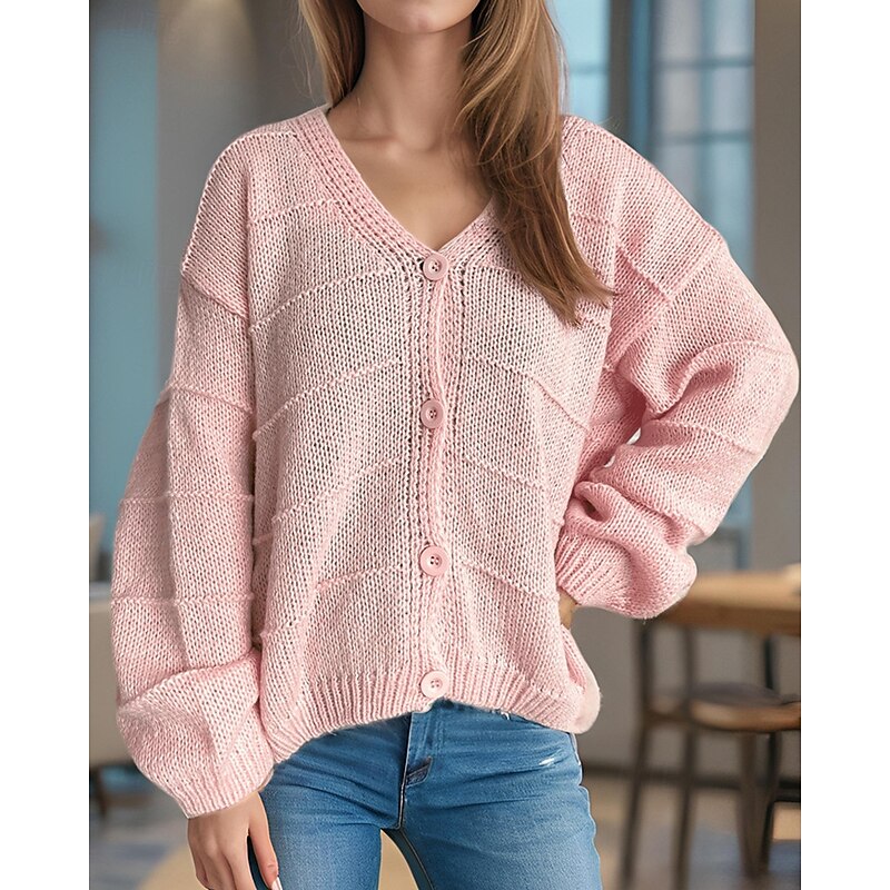 Women's Sweater Cardigan Fashion Streetwear Daily Solid Color Ribbed V Neck Knitted Long Sleeve Regular Tops Knit Holiday Going out Weekend Black White Spring Fall