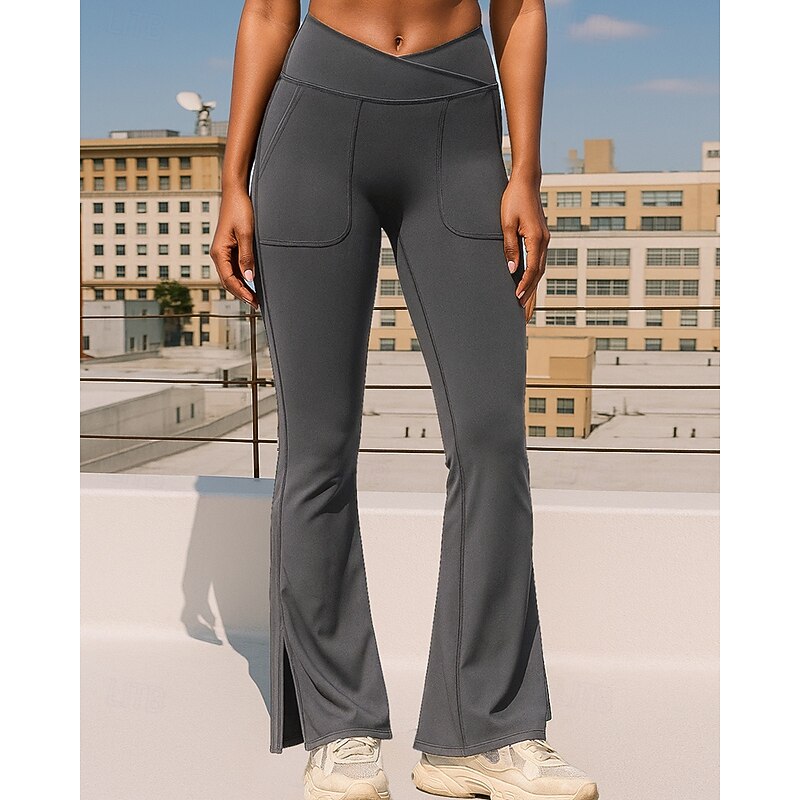 Women's Running Pants Flare Leggings Pocket High Waist Bottoms Athleisure Gym Workout Fall Breathable Tummy Control Gym Workout Outdoor Athletic Regular Fit Sportswear Activewear Solid Colored Black4