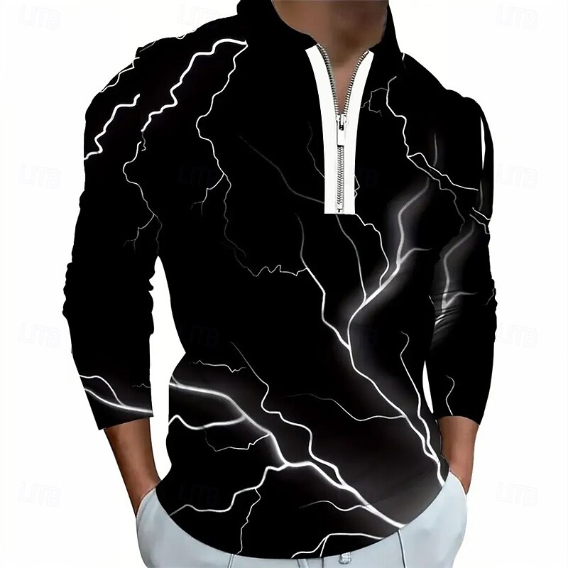 Men's Lightning Polo Long Sleeve Turndown Contemporary Casual Athleisure Casual Daily Zipper 3D Print Spring Fall Winter Black